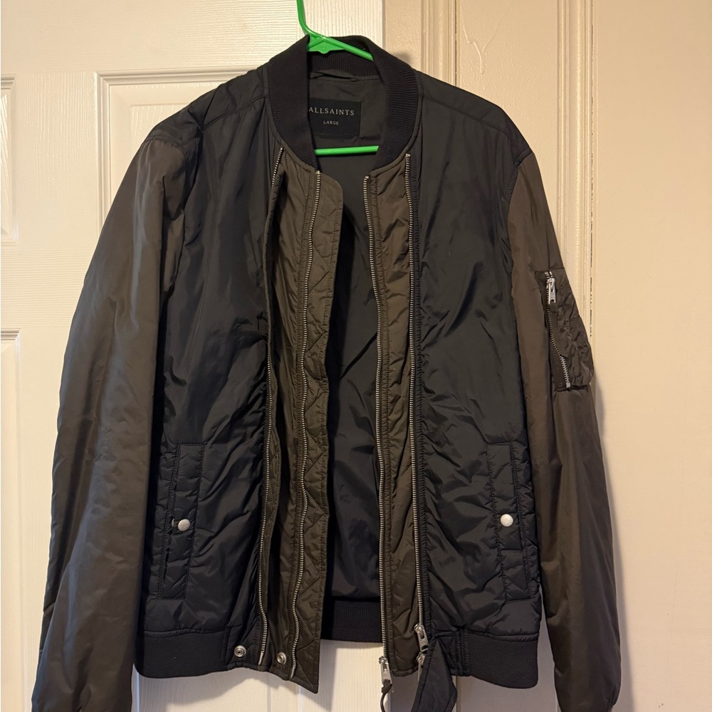All Saints Black Bomber Jacket with Zippered Front and Stand-Up Collar